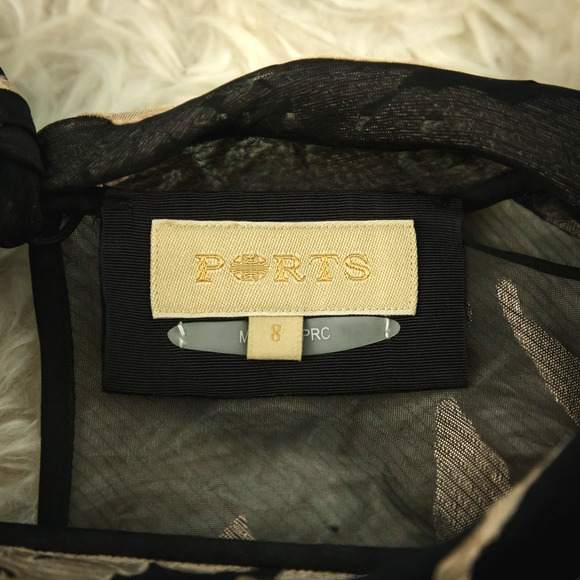 Ports 1961 Size 8 Black Floral Print Sheer Mesh Tie Mock Neck Long Sleeve Top - Picture 4 of 6